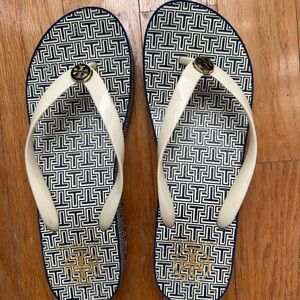 Tory Burch Navy and Cream Patterned wedge Sandals